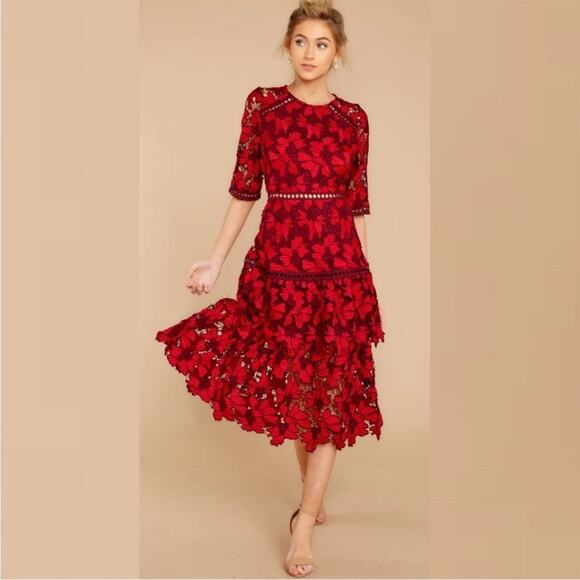 Just ME Womens Get To The Point Red Lace Midi Dress Embroidered Crocheted Floral - Picture 2 of 12